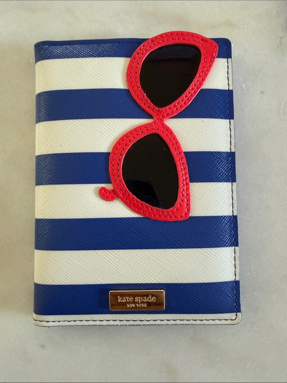 Kate Spade Blue & White Stripe Passport Cover with Red Sunglasses Accent